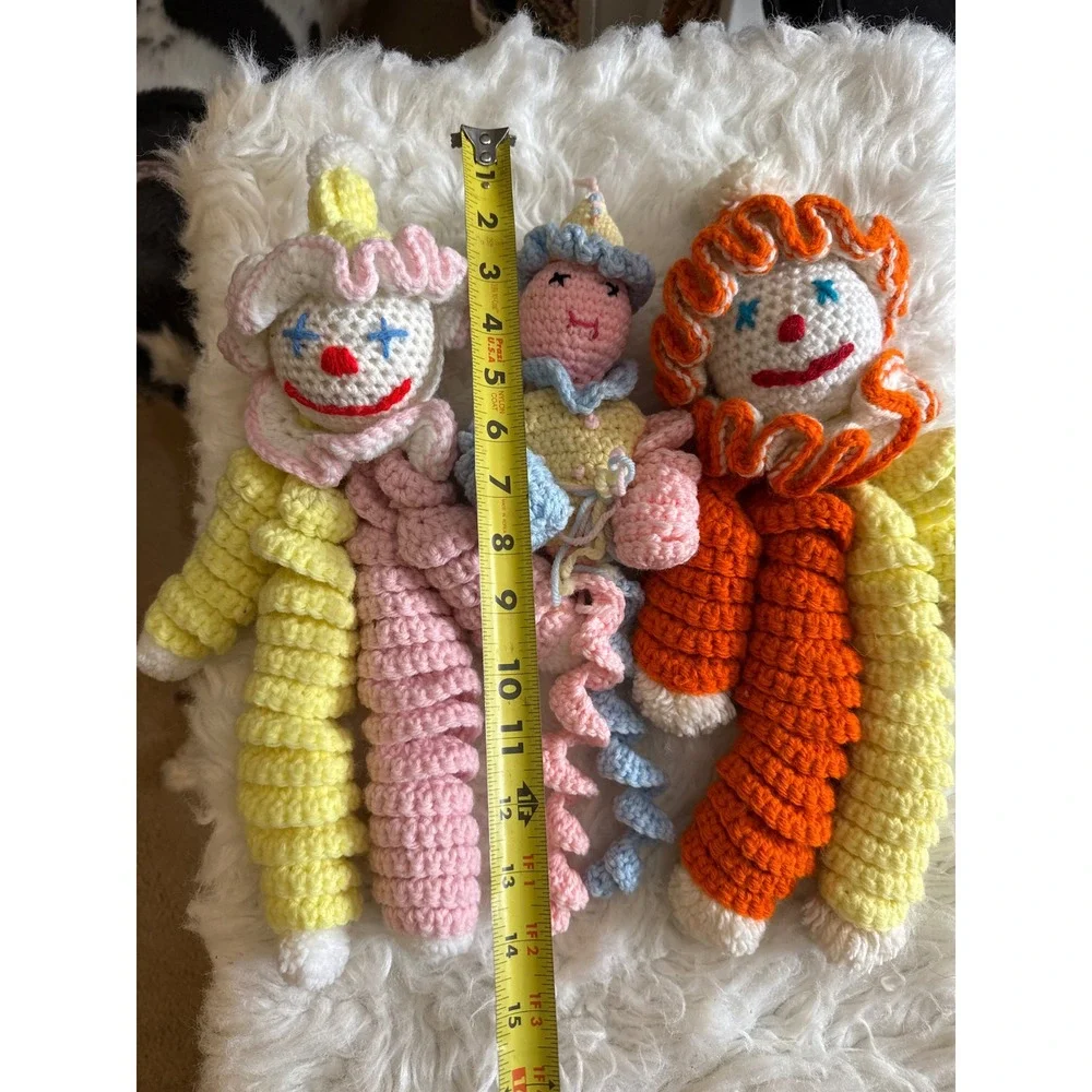 Handmade Crochet Clown Doll Set 3pc Amigurumi Circus Core Plush Yellow Pink Blue